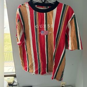 Vintage GUESS Striped Flag Logo Tee - Red, Tan, Green, White